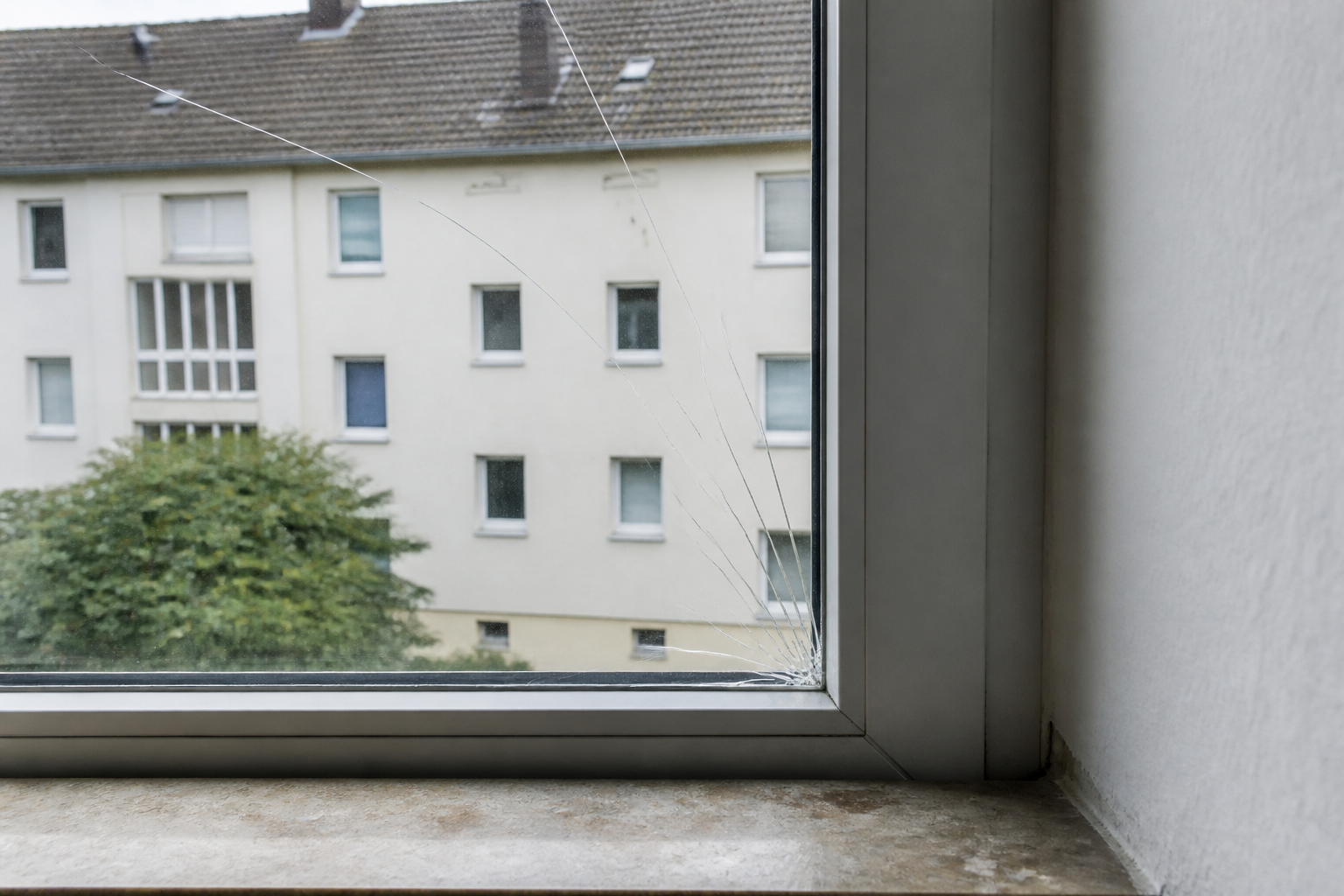 Beschädigte Fensterscheibe im Detail