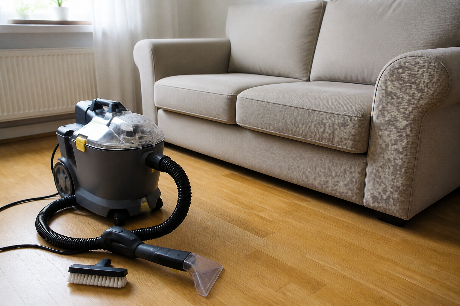 Polsterreinigungsgerät neben dem Sofa