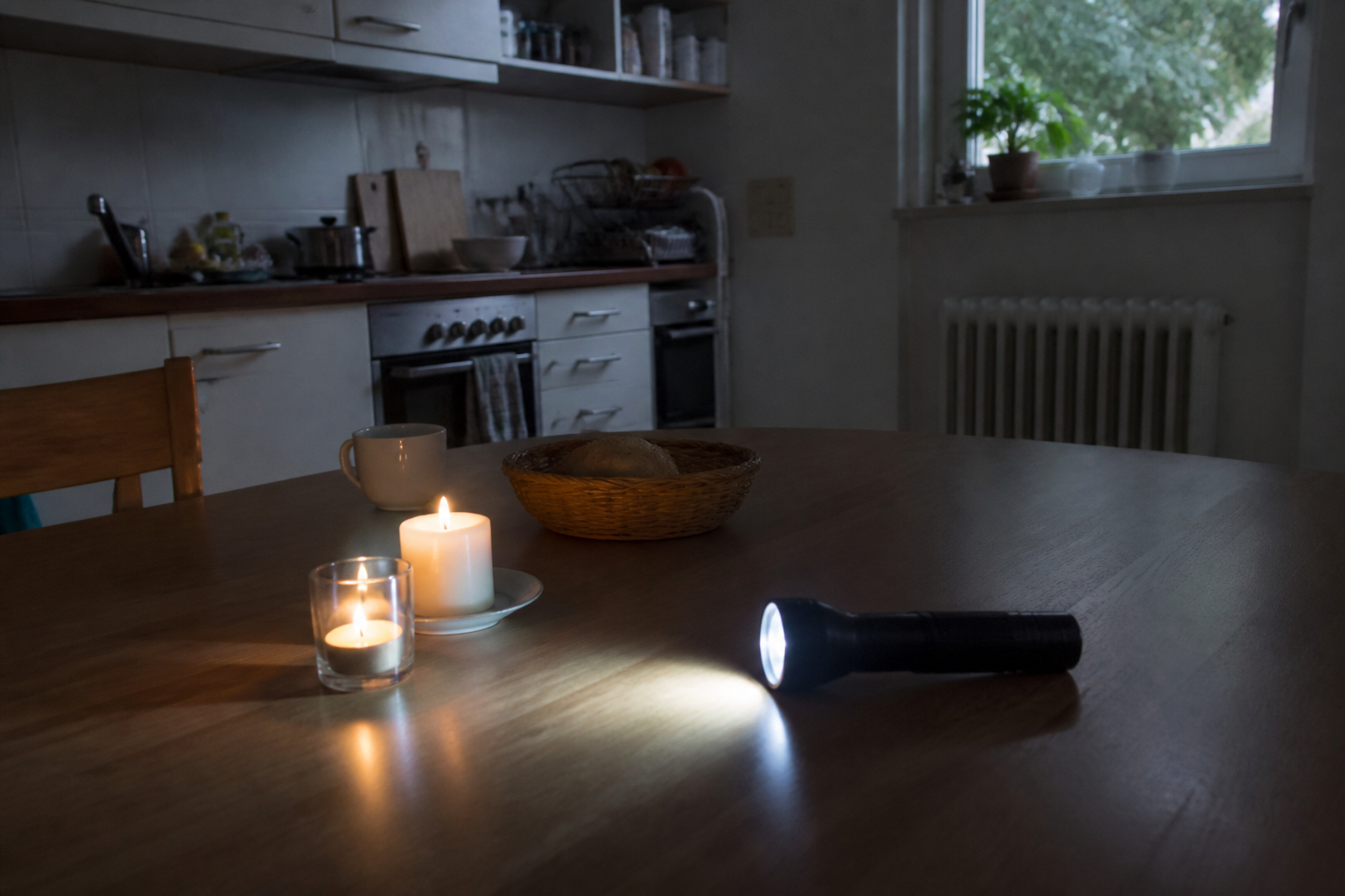 Alltagsgegenstände bei Stromausfall auf dem Küchentisch