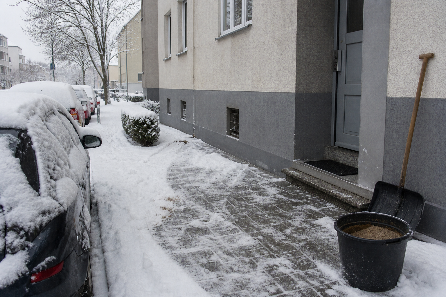Geräumter Gehweg vor einem Mehrfamilienhaus im Winter