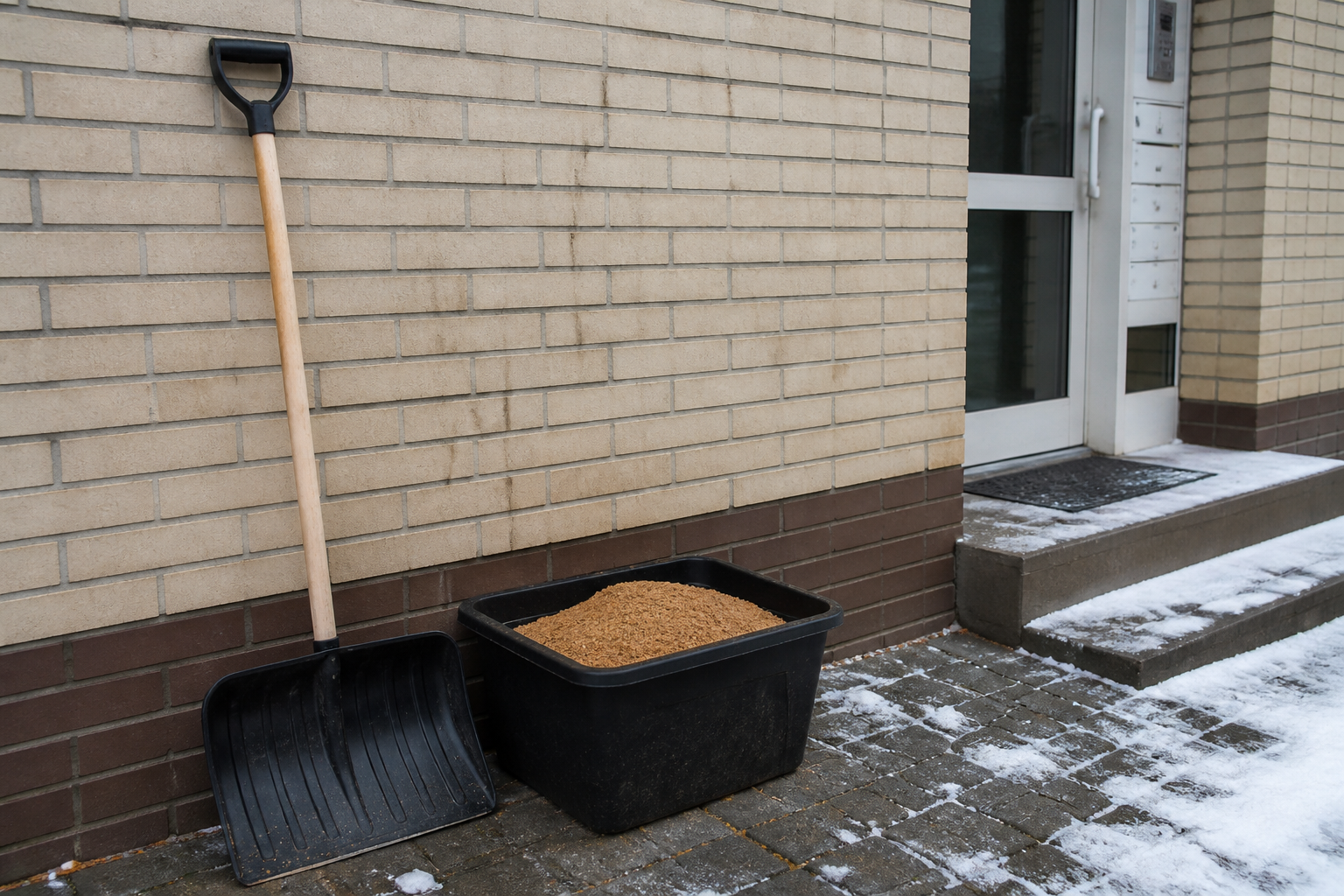Schneeschaufel und Streugut am Hauseingang